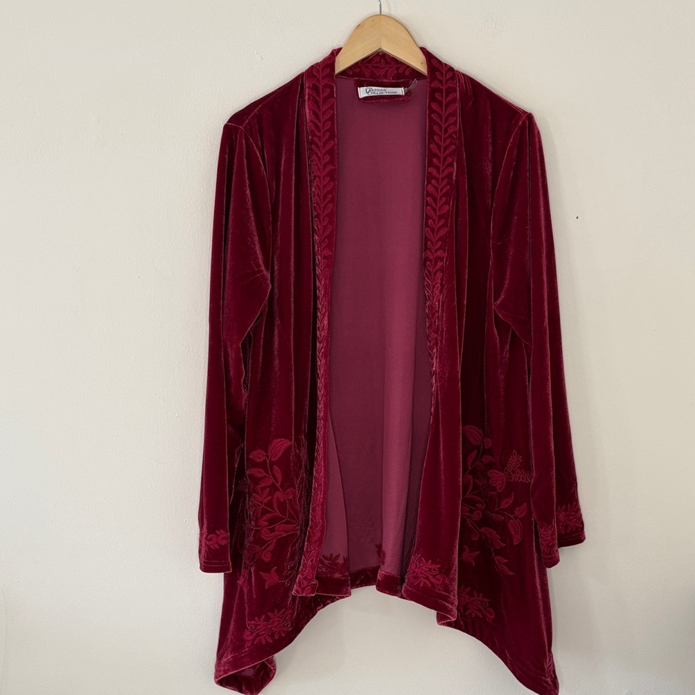 Burgundy Velvet Embroidered Open Front Drape Cardigan Boho Practical Magic XL